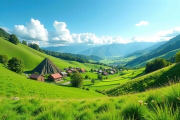 Serene Valley Farmscape Lush Green Hills, Picturesque Village, and Rolling Meadows Under a Sunny Sky