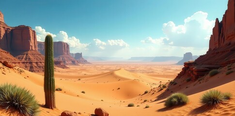 Arid landscape showcasing majestic sandstone formations under a vibrant sky, featuring a towering saguaro cactus and resilient desert flora thriving amidst rolling sand dunes.
