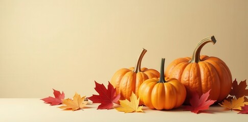 Autumnal Still Life Featuring Three Pumpkins and Colorful Maple Leaves on a Neutral Background