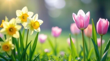 A vibrant springtime scene featuring delicate pastel tulips and daffodils bathed in the warm glow of sunlight, creating a cheerful and tranquil atmosphere.