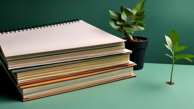 Stack of Blank Spiral Notebooks on Green Desk With Plant