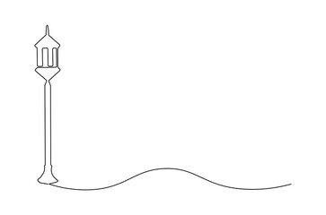 Continuous one line drawing of Vintage Garden Lamp. Single line drawing illustration of Street Lamp. Elegant street element and urban road concept vector art. Doodle line illustration.