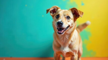A cheerful light brown dog with a joyful expression against a vibrant teal and yellow background