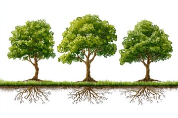 Three trees with visible roots against white background