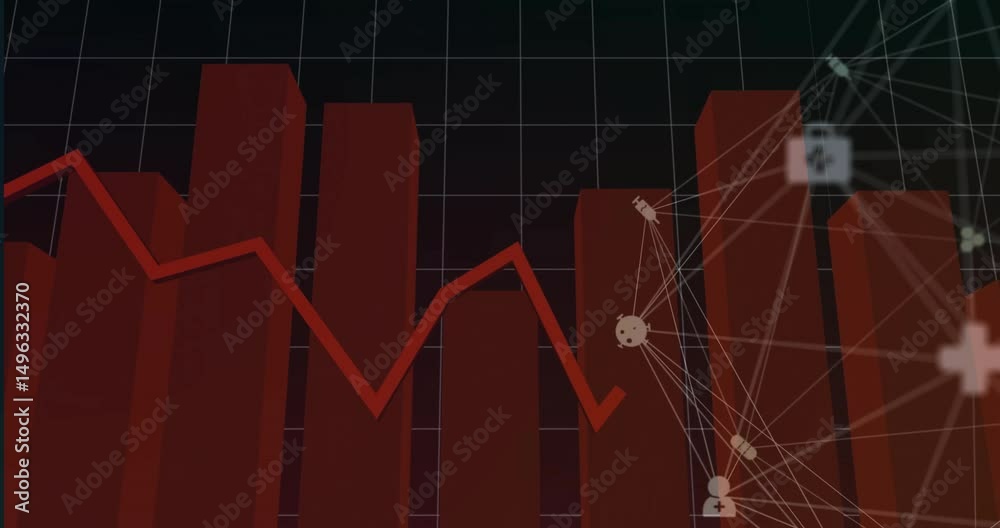 Poster grid appearing triggers red bars rising with line animating, mesh and icons emerging to show data