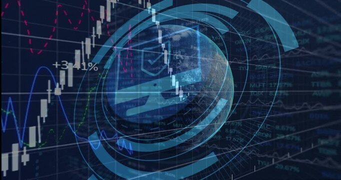 Globe emerging starting candlestick rising, graphs rotating rings, % labels showing market trend