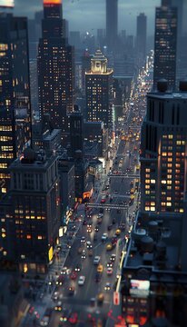 Metr&oacute;pole Noturna: Perspectiva A&eacute;rea de Edif&iacute;cios Iluminados
