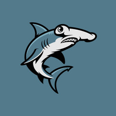 A ferocious cartoon hammerhead shark with sharp teeth and wide eyes, swimming in a dynamic pose