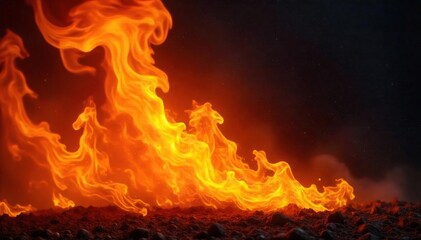 Fototapeta premium Intensely vibrant yellow flames engulfing a dark background, creating a dramatic, fiery spectacle Perfect for heat, energy, warning, or summer themes , burning, light, inferno