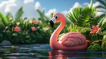 Pink flamingo floats serenely in tropical water, surrounded by lush greenery and flowers under a bright sky