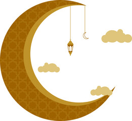 Crescent moon islamic decoration with mosque, lantern illustration. Eid adha, eid al fitr, eid mubarak, ramadan kareem vector isolated.