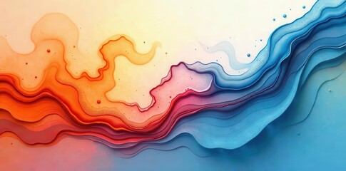 Abstract Fluid Art Vibrant Hues of Red, Orange, and Blue Swirling in Layered Waves of Color
