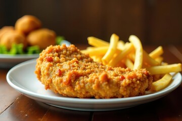 Fototapeta premium Crispy Breaded Cutlet Served with Golden French Fries and Side of Fried Bites on a White Plate