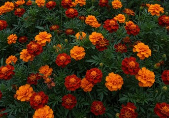 Marigolds blooming with orange and red petals in garden