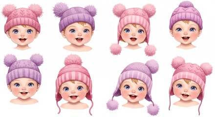 Adorable Baby Portraits Wearing Knitted Winter Hats with Pompoms