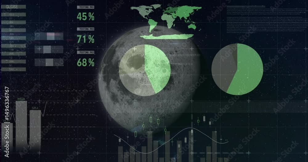 Poster scene loading and moon rotating while stock chart animating gauges, charts showing market trends