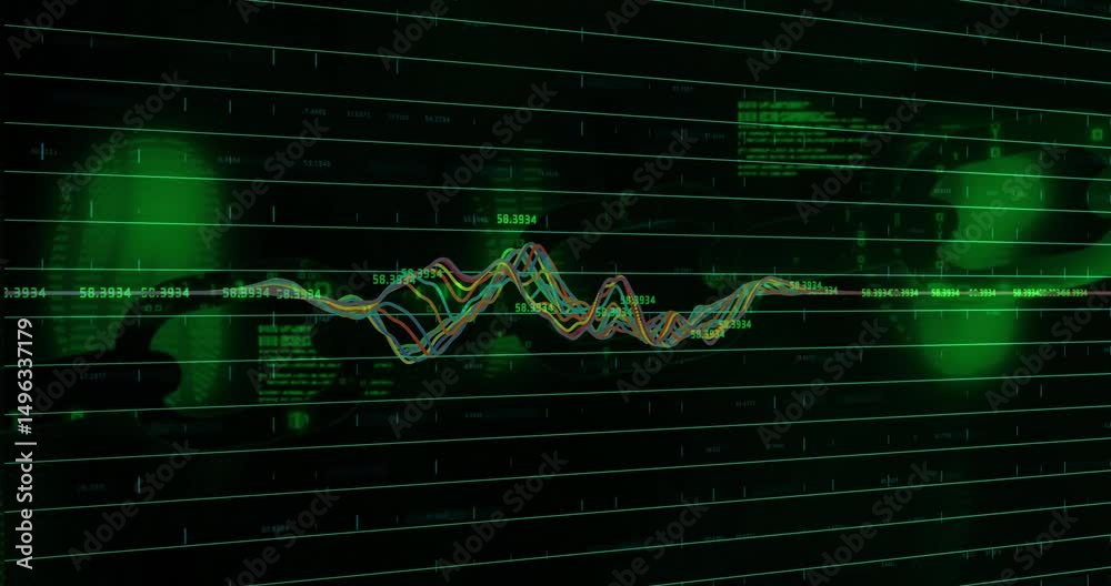 Poster at start colorful waveform growing into peaks and oscillating across digital grid visualizing data