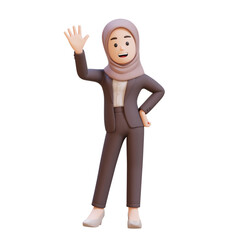 3D business muslim woman character is waving saying hello