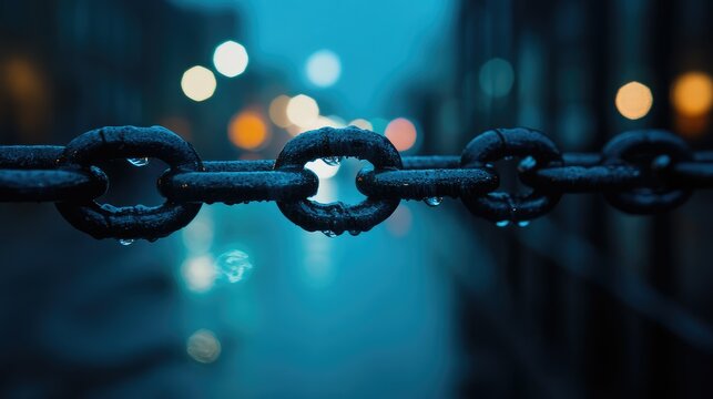 Rain-covered metal chain links in a blurred city night background