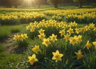 Obraz premium Sunlit daffodils burst forth in vibrant yellow against a lush green field , petal, blossom