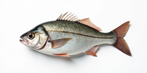 Fototapeta premium A single fresh whole fish with silvery scales, dark dorsal fins, and reddish caudal fin, isolated on a white background.