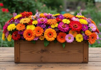 Colorful gerbera daisies in a wooden box arrangement