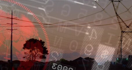 HUD fading in causing overlay mapping pylons, camera panning right revealing labels, grid at dusk - Powered by Adobe