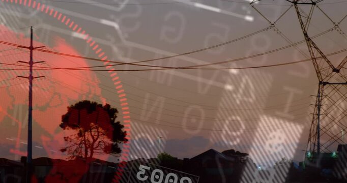 HUD fading in causing overlay mapping pylons, camera panning right revealing labels, grid at dusk