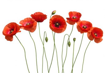 Arrangement of several red poppy flowers with buds