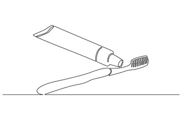 Continuous one line drawing of toothpaste tube with toothbrush. Single line drawing illustration of Tooth paste with brush. Branding oral care products concept vector art. Doodle line illustration.