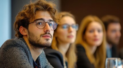 Obraz premium A team discussing renewable energy policies at a seminar, Sustainable, Thoughtful and engaged