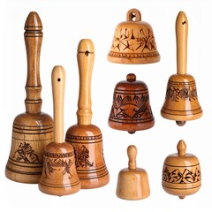 Handcrafted wooden bells showcasing intricate designs and craftsmanship.