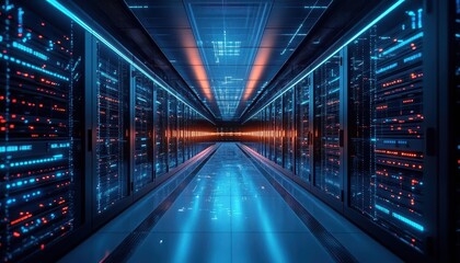 A wideangle view of a cloud computing data center, Networking, Expansive and futuristic