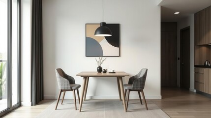 Modern minimalist dining area with light wood table and gray chairs, pendant light, and abstract artwork