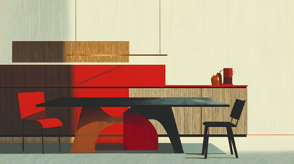 Light dining room interior with minimalist furniture and kitchen set. minimalist. Illustration