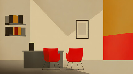 Light office room interior with chairs, table and shelf with documents. minimalist. Illustration