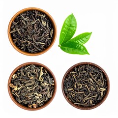 Fototapeta premium Various types of loose leaf tea in bowls with fresh tea leaves for a refreshing brew.