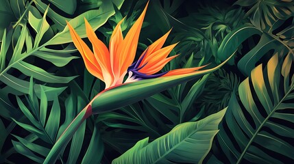 Fototapeta premium Vibrant bird of paradise flower amidst tropical foliage.