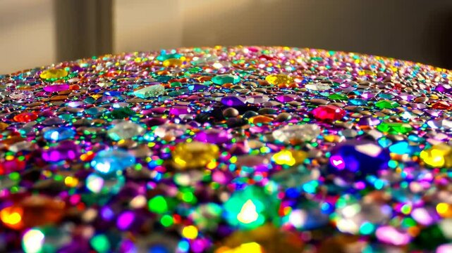 Dense surface covered with vibrant multicolored faceted gems, creating a sparkling, eye-catching and whimsical decorative display