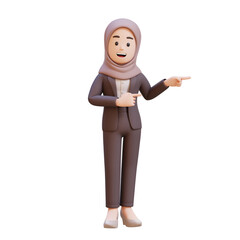 3D business muslim woman character is pointing to the left