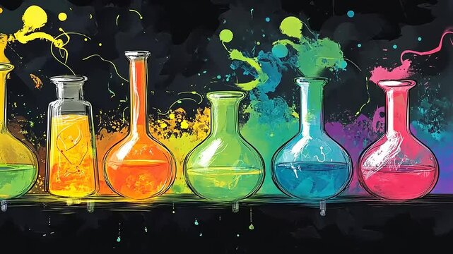 Vibrant Laboratory: Colorful Beakers and Test Tubes Illustrating Scientific Exploration