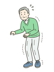 手足の震えや強張りがある高齢男性が恐る恐る歩くイラスト
