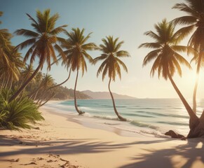 Sun-drenched beach, vintage film grain, palm trees sway gently,  faded,  travel,  antique