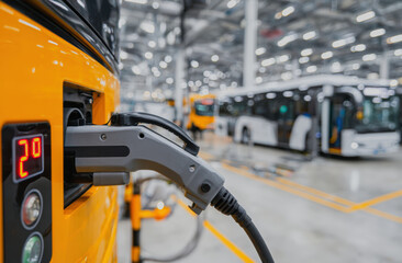 Electric bus charging station with close up of charging connector, showcasing modern facility with multiple buses background