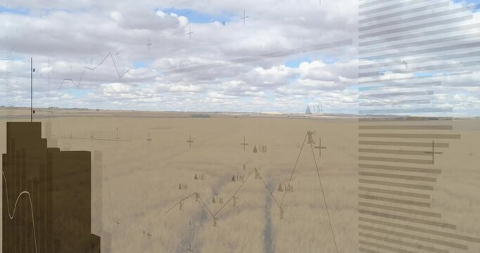 Advancing wheat field reticle overlay starting line graph and bars forming telemetry overlay