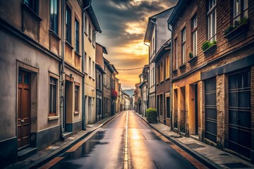 Fototapeta premium Picturesque European street at sunset featuring charming old buildings and tranquil atmosphere with warm glowing light