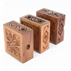 Intricately carved wooden blocks showcasing unique designs and craftsmanship.