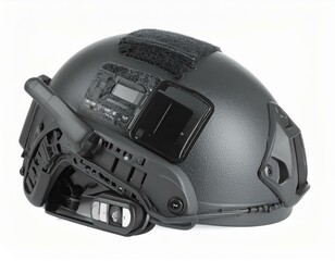 Fototapeta premium Advanced tactical helmet designed for safety and communication in challenging environments.