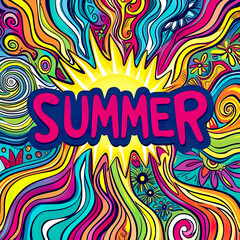 Colorful bold SUMMER text on abstract groovy vibes background design