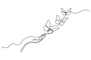 Continuous one line drawing of Hand with butterflies. Single line drawing illustration of Many beautiful butterflies. Thousand butterfly concept vector art. Doodle line illustration.